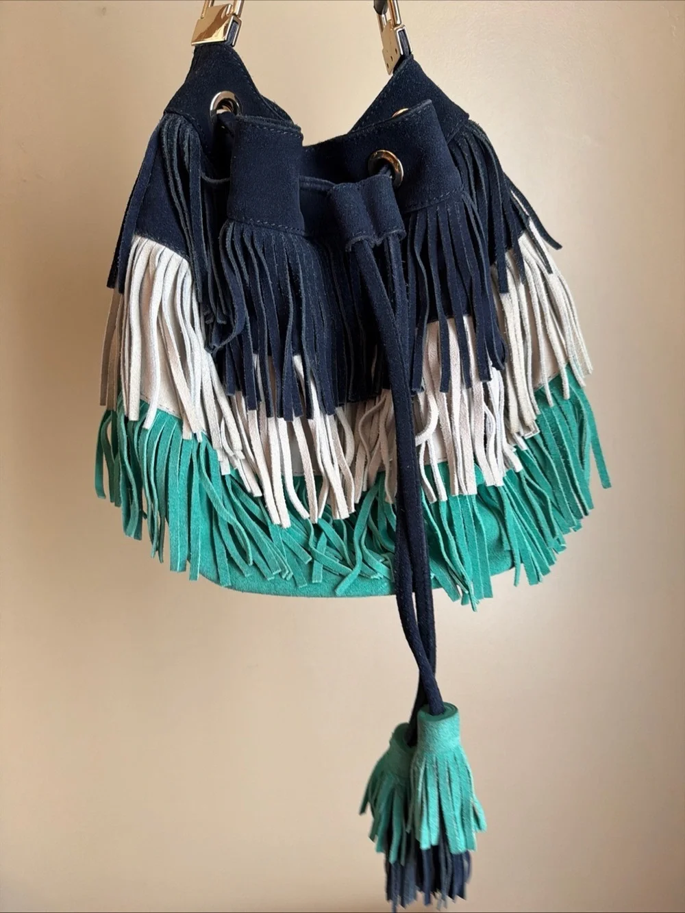 Boden Fringe leather Drawstring Bucket Bag Blue Taupe Teal Festival Western Boho